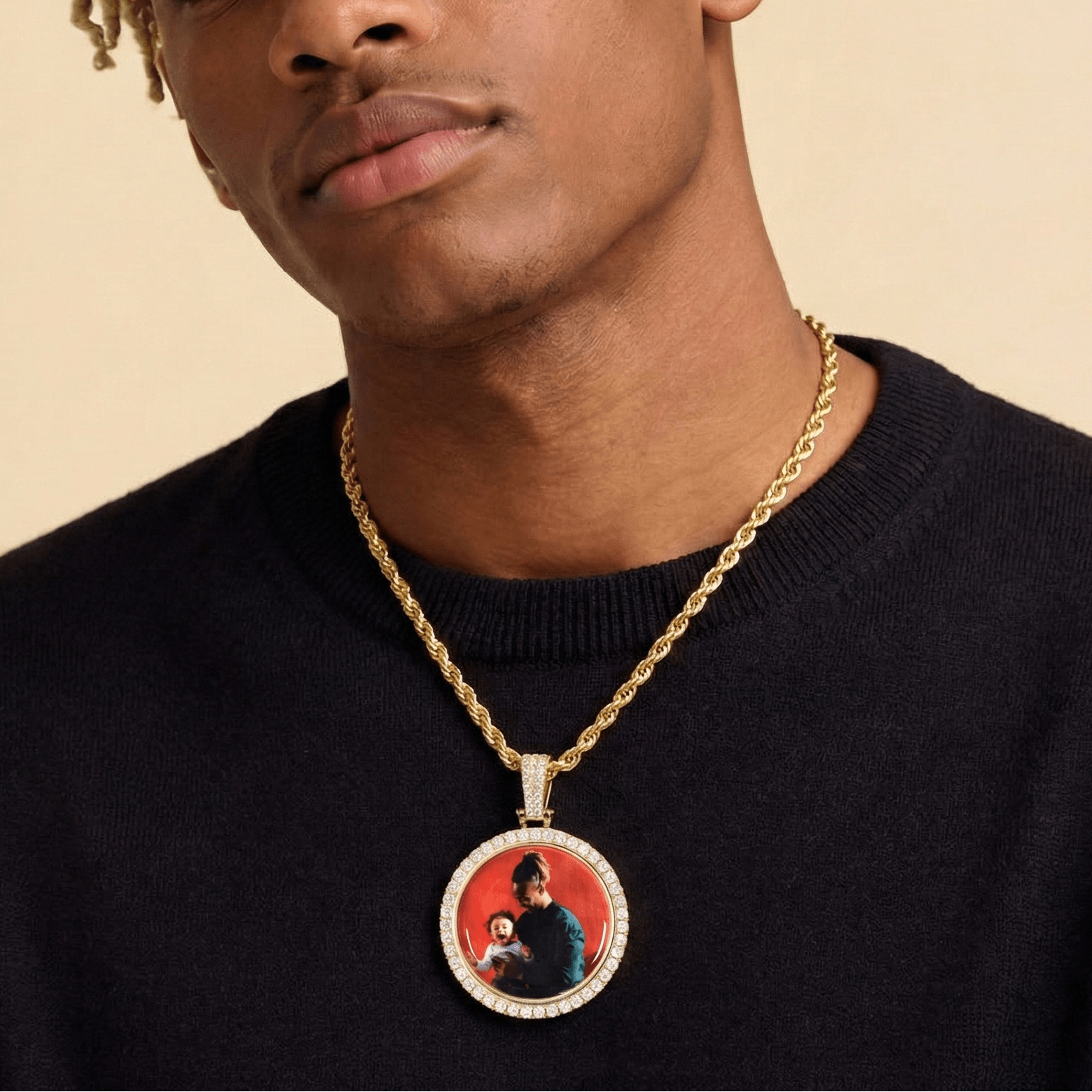 Male model wearing CRNCY's Classic Photo Pendant with a 14k Gold Finish, with a 18 inch length necklace. 