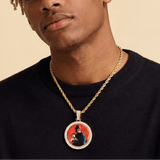 Male model wearing CRNCY's Classic Photo Pendant with a 14k Gold Finish, with a 18 inch length necklace. 