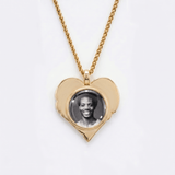 The back side of CRNCY's Brother Heart Photo Pendant. The back side has a polished appearance with a circular photo place directly in the center. The photo is selected by the customer.