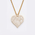 The front side of CRNCY's Brother Heart Photo Pendant with a 14k gold finish. The front side features prong-set diamonds placed inside each letter, surrounded by colored jewelry enamel to outline the letters. 