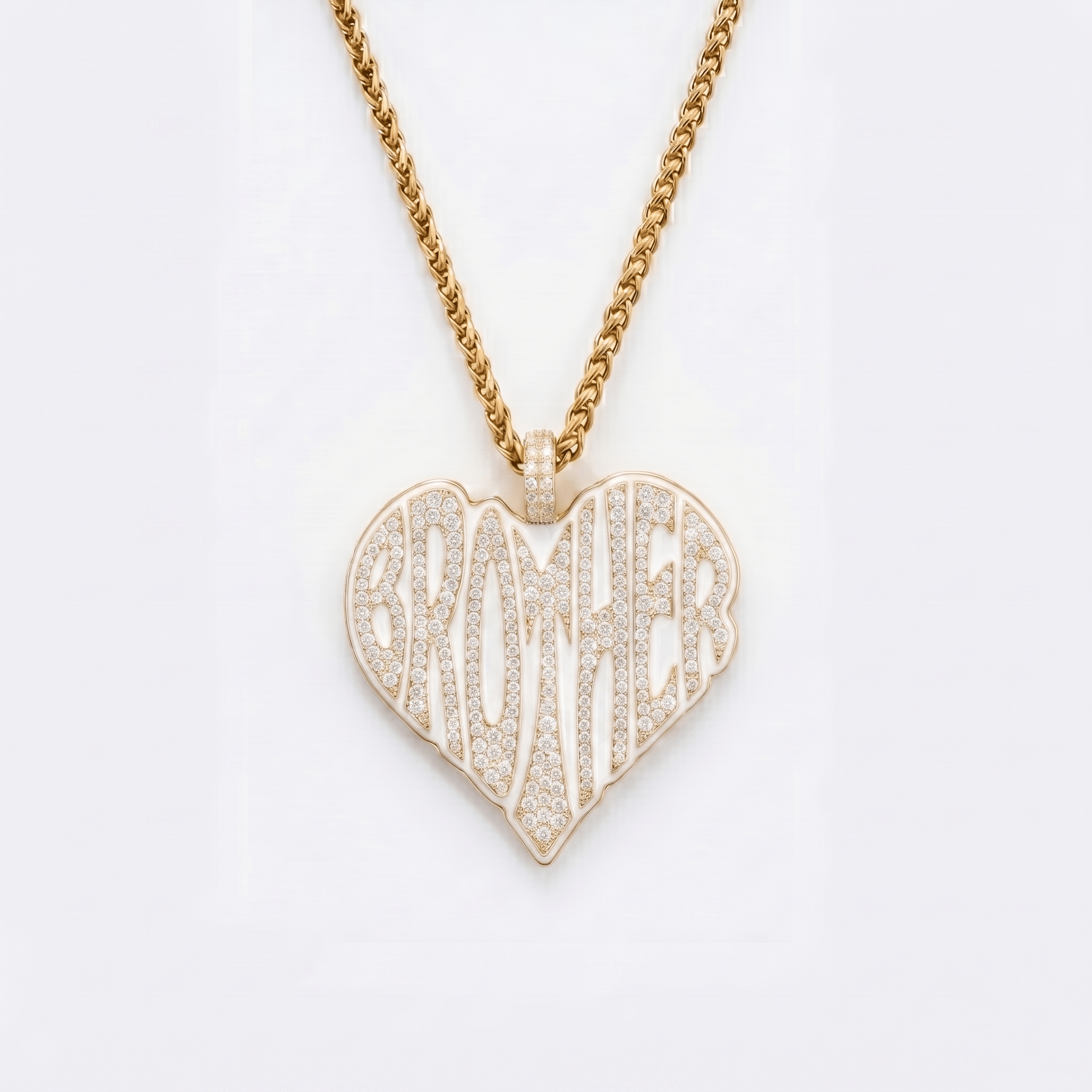 The front side of CRNCY's Brother Heart Photo Pendant with a 14k gold finish. The front side features prong-set diamonds placed inside each letter, surrounded by colored jewelry enamel to outline the letters. 