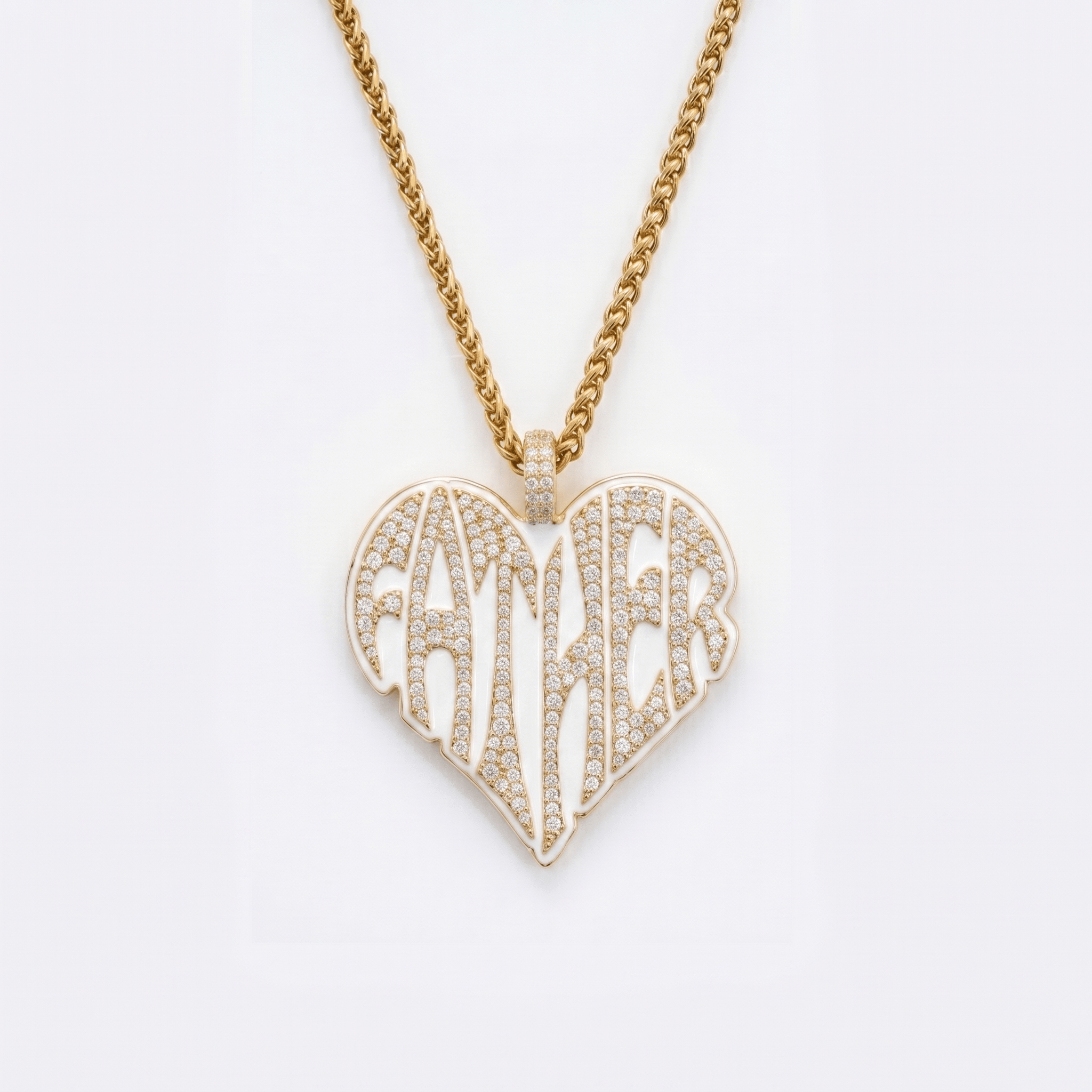 The front side of CRNCY's Father Heart Photo Pendant with a 14k gold finish. The front side features prong-set diamonds placed inside each letter, surrounded by colored jewelry enamel to outline the letters. 