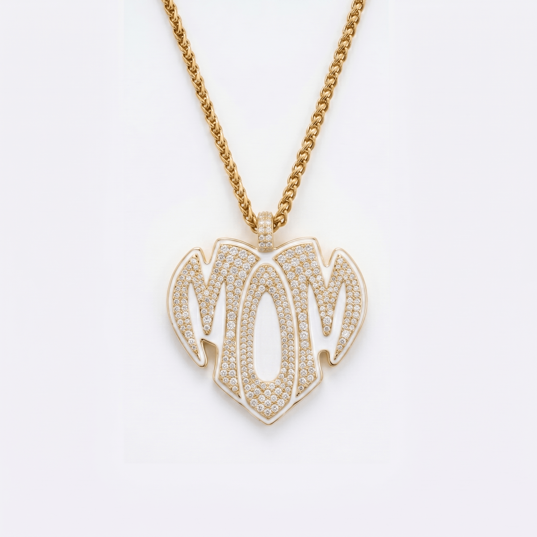 The front side of CRNCY's Mom Heart Photo Pendant with a 14k gold finish. The front side features prong-set diamonds placed inside each letter, surrounded by colored jewelry enamel to outline the letters. 