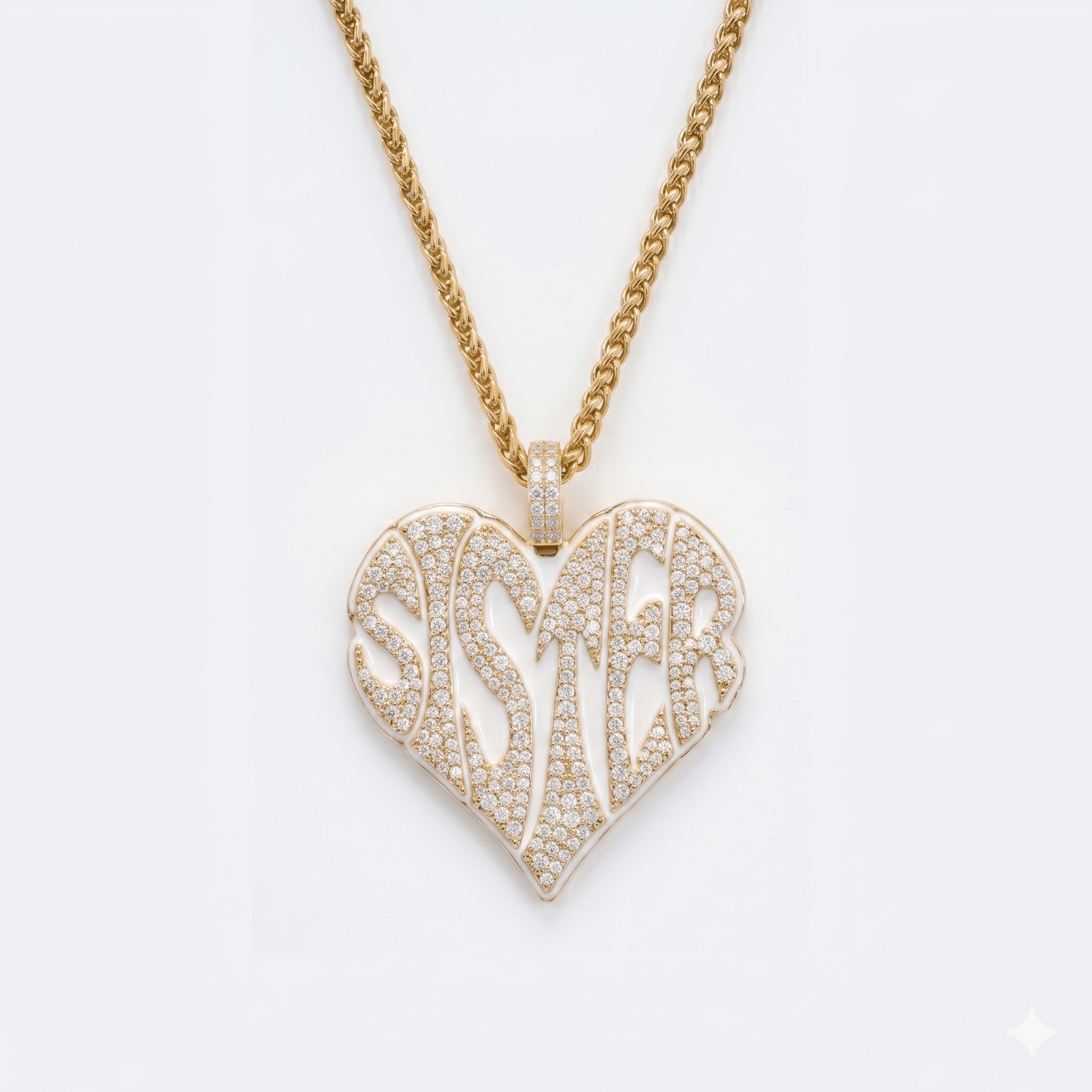 The front side of CRNCY's Sister Heart Photo Pendant with a 14k gold finish. The front side features prong-set diamonds placed inside each letter, surrounded by colored jewelry enamel to outline the letters. 