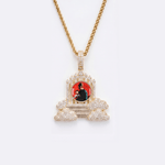 The front side of CRNCY's Regular size Heaven's Gates Photo Pendant with a 14k gold finish. The front side features prong-set diamonds around the photo and on the bale. The front side shows the customer's photo selection.
