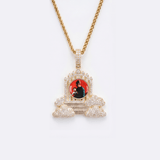 The front side of CRNCY's Regular size Heaven's Gates Photo Pendant with a 14k gold finish. The front side features prong-set diamonds around the photo and on the bale. The front side shows the customer's photo selection.