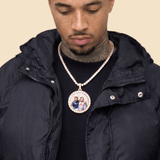 Male model wearing CRNCY's Iced Silhouette Photo Pendant in a rose gold finish, with a 20 inch 5MM Tennis Necklace.