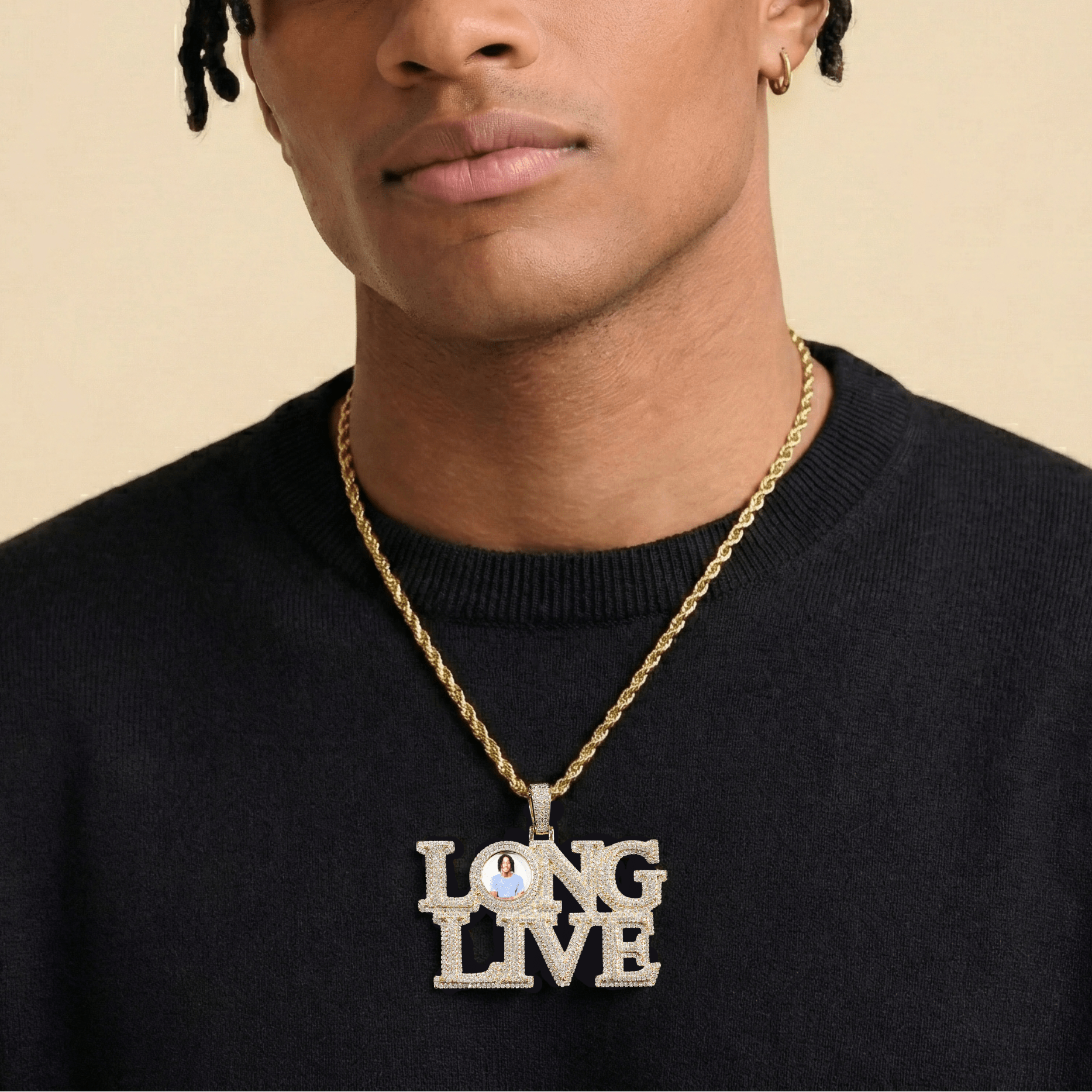 Male model wearing CRNCY's LONG LIVE Photo Pendant with a 14k Gold Finish, with a 20 inch length necklace.