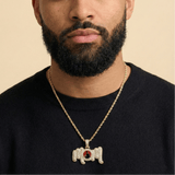 Male model wearing CRNCY's MOM Photo Pendant with a 14k Gold Finish, with a 20 inch length necklace.