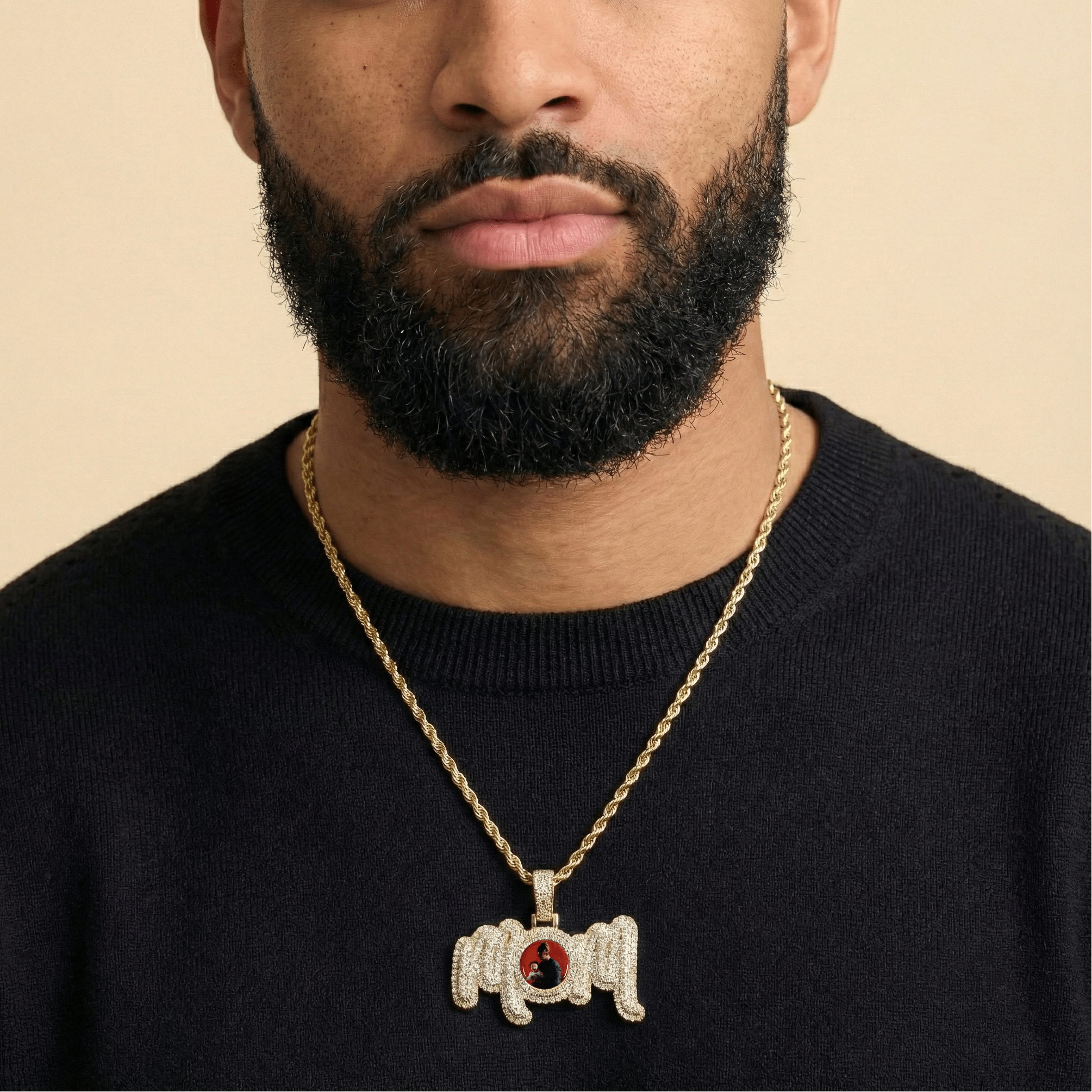 Male model wearing CRNCY's MOM Photo Pendant with a 14k Gold Finish, with a 20 inch length necklace.