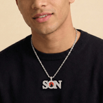 Male model wearing CRNCY's SON Photo Pendant with a silver finish and a 20 inch length necklace.
